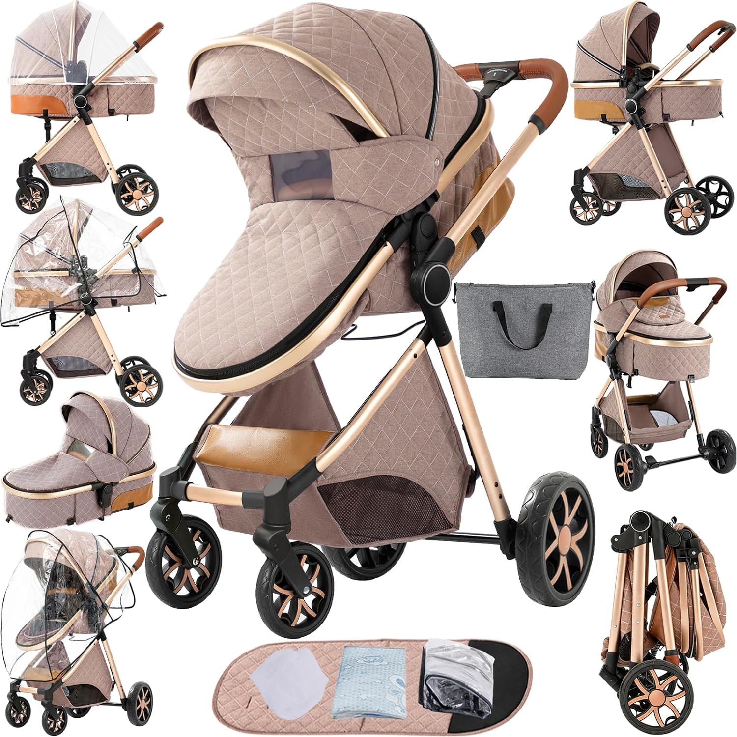 2 in 1 Baby Stroller, Convertible Foldable Standard Stroller, Reversible Pushchair Infant Buggy Carriage, Portable High Landscape Pram for Toddler Newborn, Aluminum Alloy (225 Khaki)