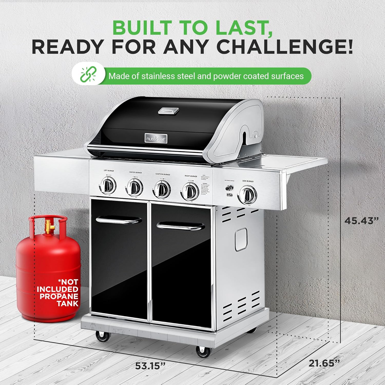 Heavy-Duty 5-Burner Propane Gas Grill - Stainless Steel Grill, 4 Main Burner with 1 side burner, 52,000 BTU Grilling Capacity, Electronic Ignition System, Built-in Thermometer - NutriChef NCGRIL2
