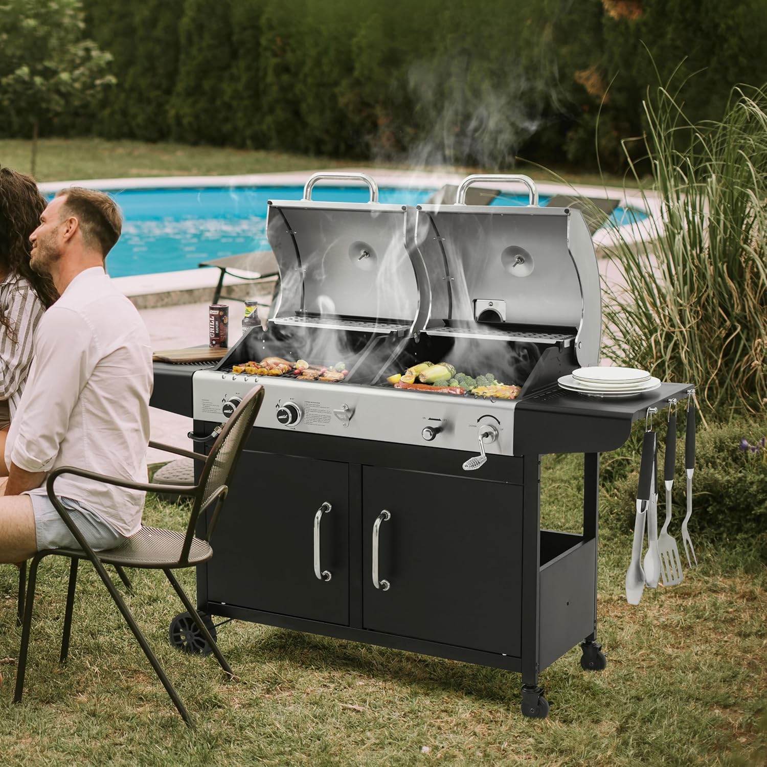 Royal Gourmet ZH3002N Propane Gas and Charcoal Grill Combo, Dual Fuel BBQ Grill with 2 Side Shelves for Outdoor Patio Garden Backyard Barbecue, 20,000 BTUs, Silver & Black