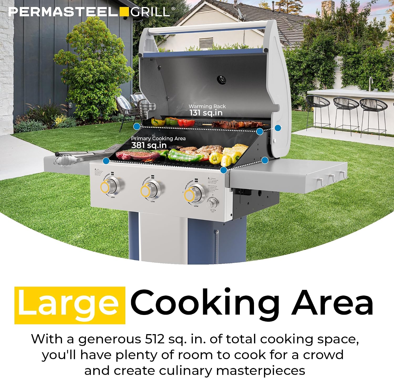 Permasteel 3-Burner Propane Gas Grill, 30,000 BTUs BBQ Grill with Cast Iron Grates, Foldable Side Tables & Tool Hooks, Outdoor Grill, Azure