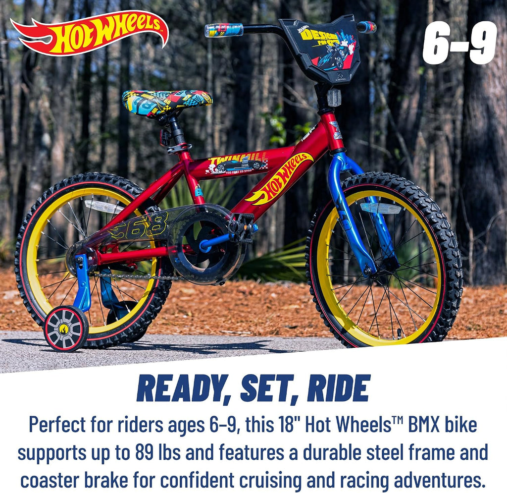 Dynacraft Hot Wheels Boys BMX Bikes Sizes 12' - 18' for Ages 3-9 Years in red, Black, with Handlebar rev Grip Play Feature