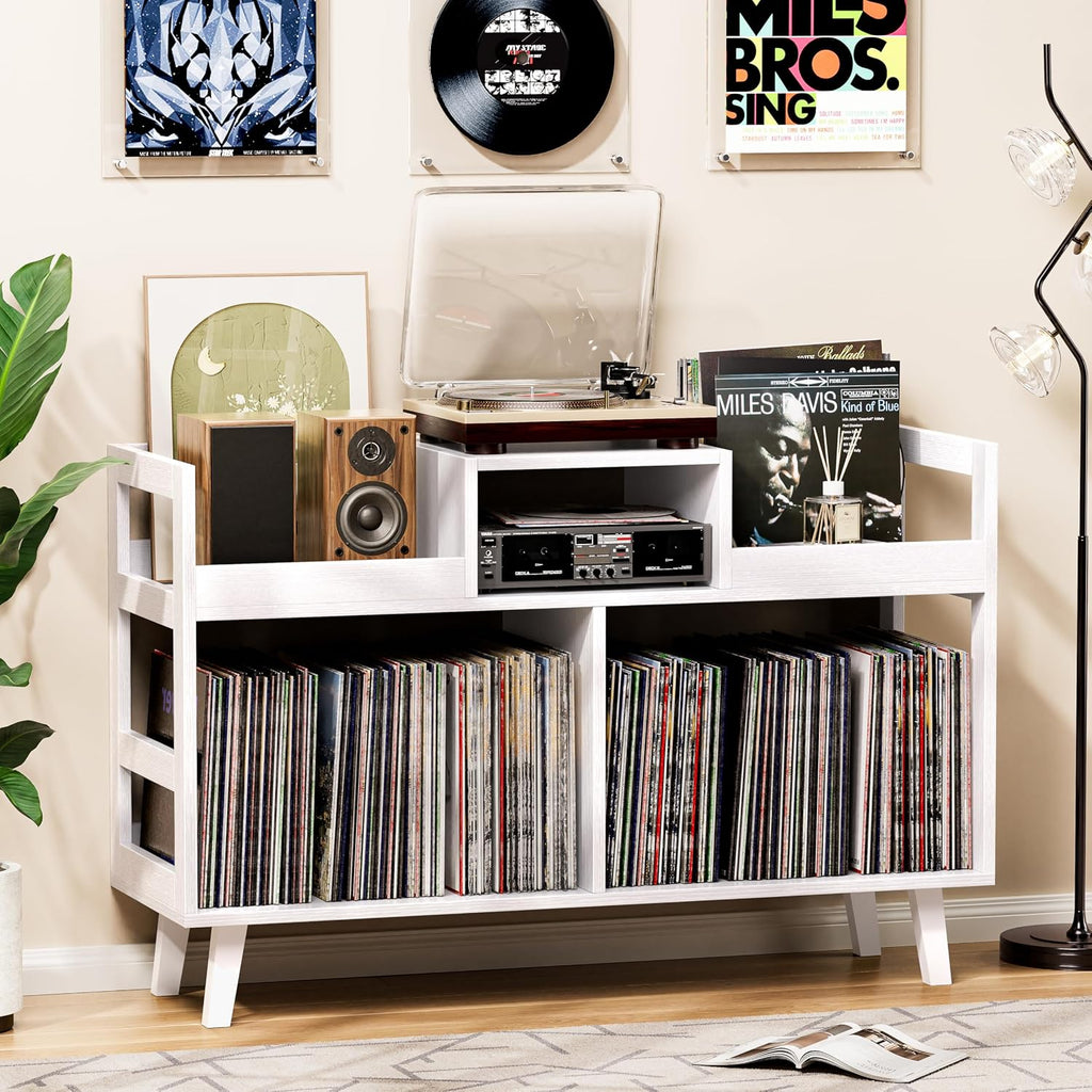 Record Player Stand with Vinyl Storage, Mid-Century Modern Turntable Stand Holds 450+ Albums, Large Wood Record Player Table with Metal Dividers, Wood Media Console for Living Room, (White, Double-Sided Large)