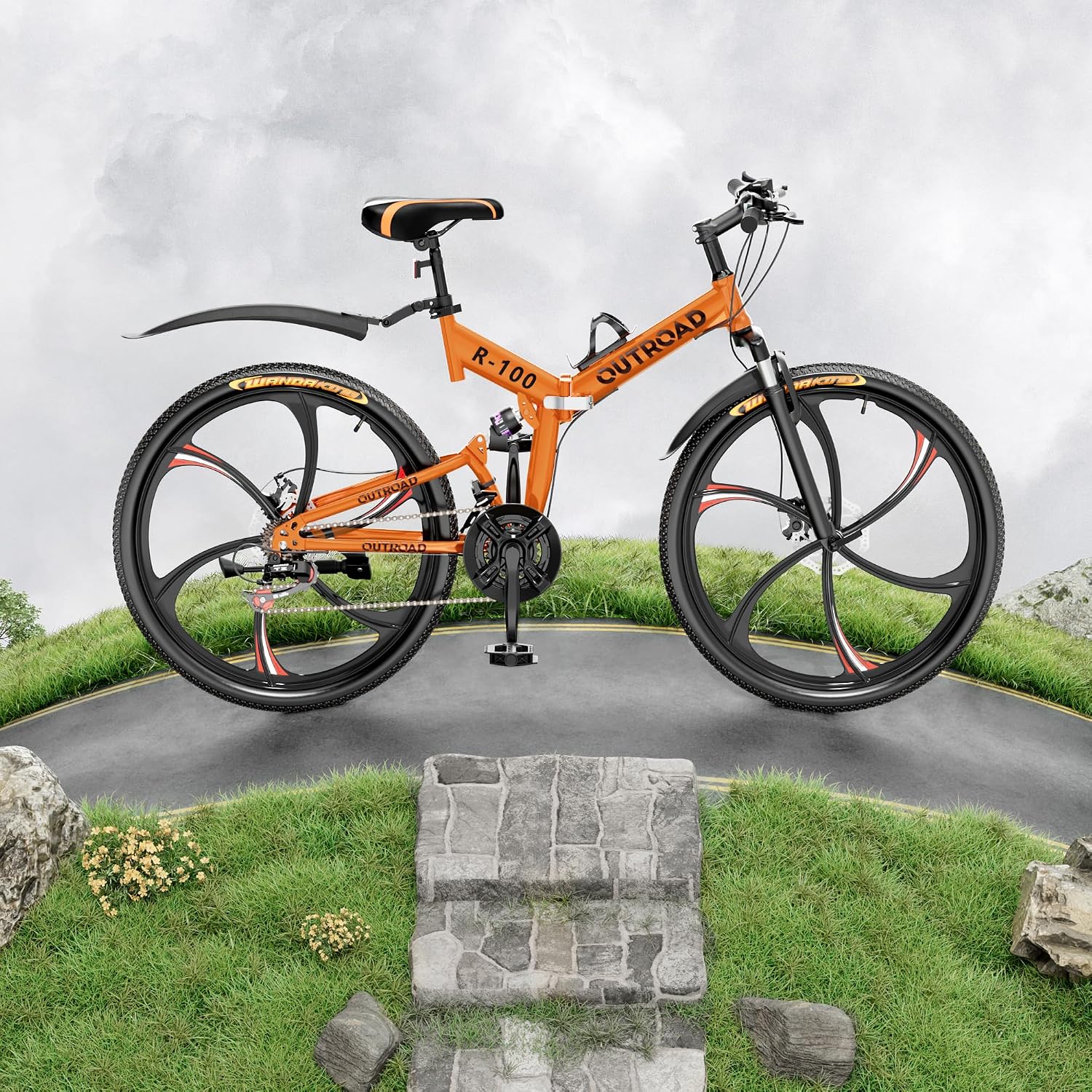 Outroad 26 Inch Folding Mountain Bike, 21 Speed Full Suspension High-Carbon Steel MTB Foldable Bicycle, Dual Disc Brake Non-Slip Folding Bikes for Adults/Men/Women, Black, Orange and Green