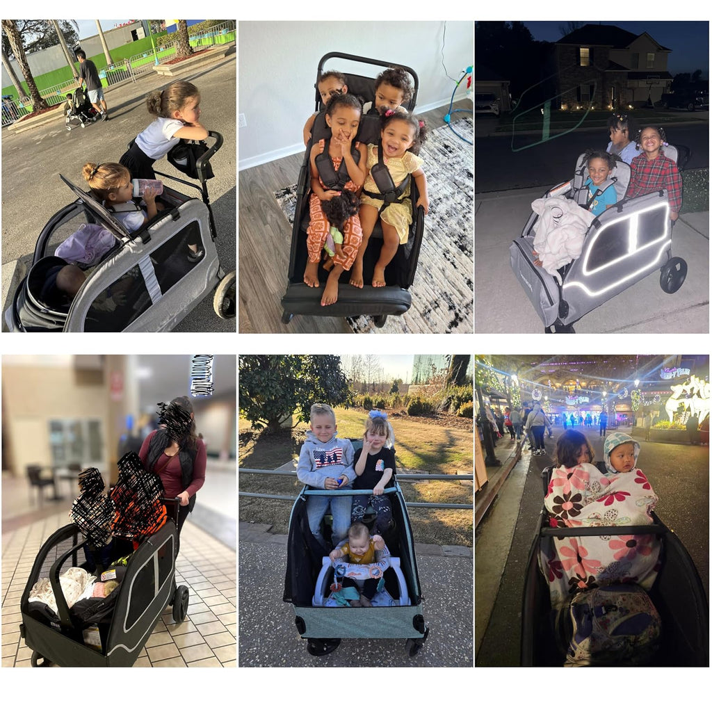 4 Seater Wagon Stroller, Large Quad Wagon for 2 3 4 Kids Baby Toddler Child with Seats, All Terrain, Triple Stroller, Adjustable Push/Pull Handles, Removable Canopy (Green)