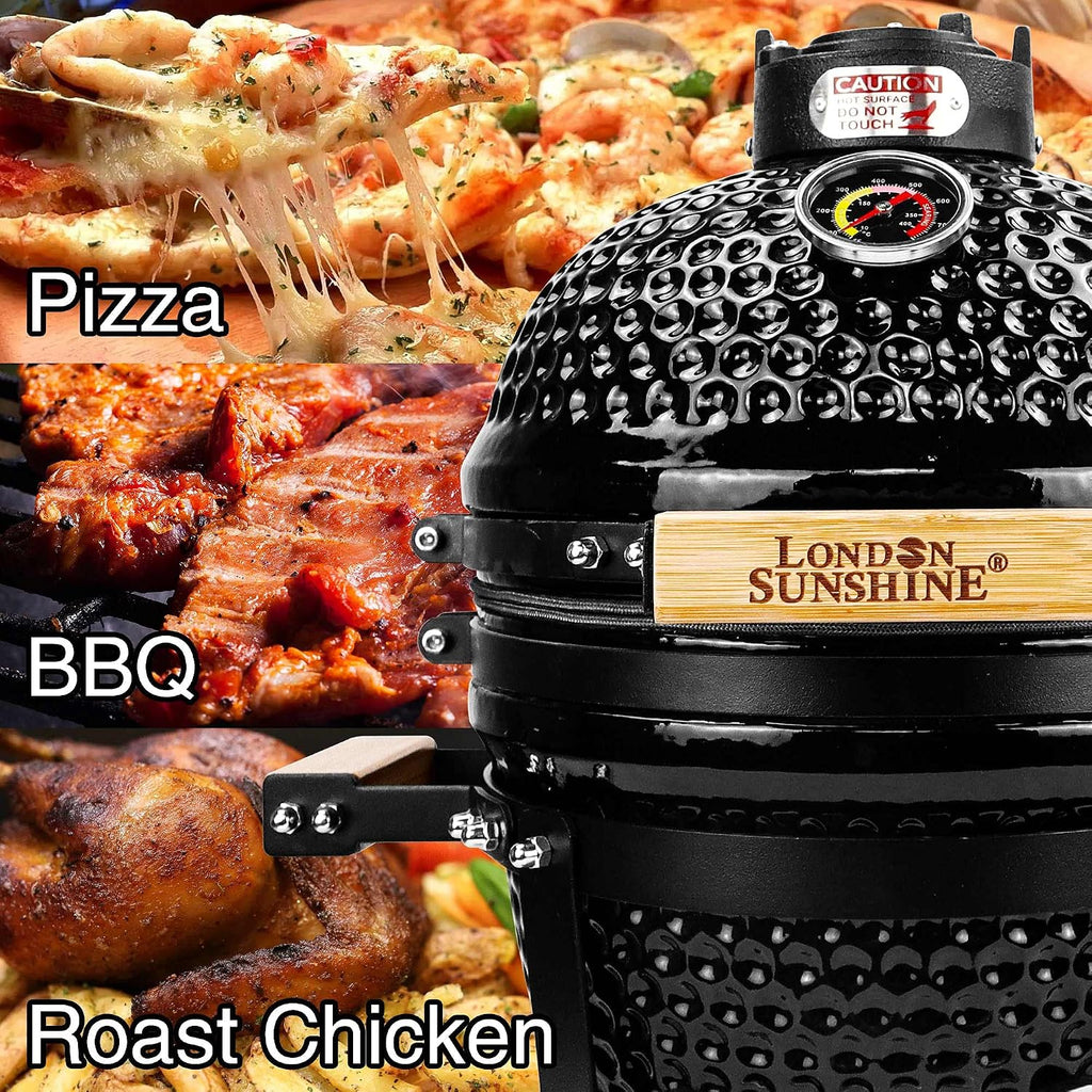 London Sunshine Ceramic BBQ Charcoal Kamado Grill 13 inch Portable Tabletop BBQ Grill with Stainless Steel Grates Black, Black
