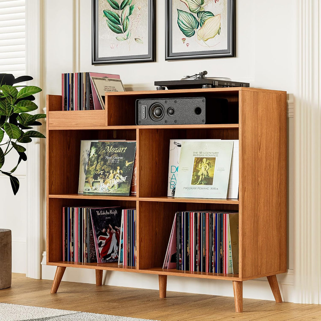 DIYART 3 Tier Large Record Player Stand with Power Outlet, Vinyl Record Storage Table Holds Up to 500 Albums, Mid-Century Turntable Stand, Brown