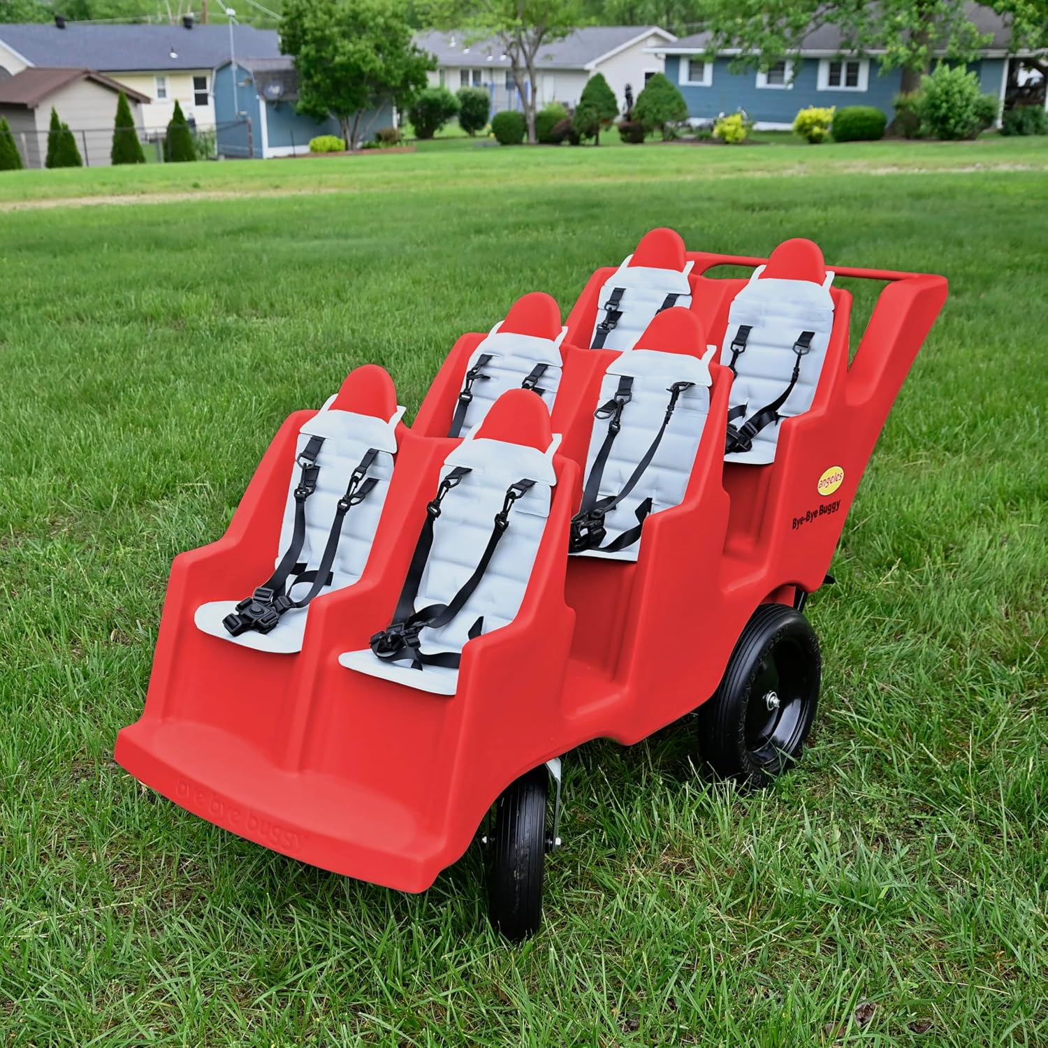 Angeles Bye Bye Buggy 6 Passenger Stroller, Sturdy Daycare Stroller with Fat Tires, Easy-to-Fasten Safety Buckles, Parking Brake, & 360 Pivoting Wheels, Red