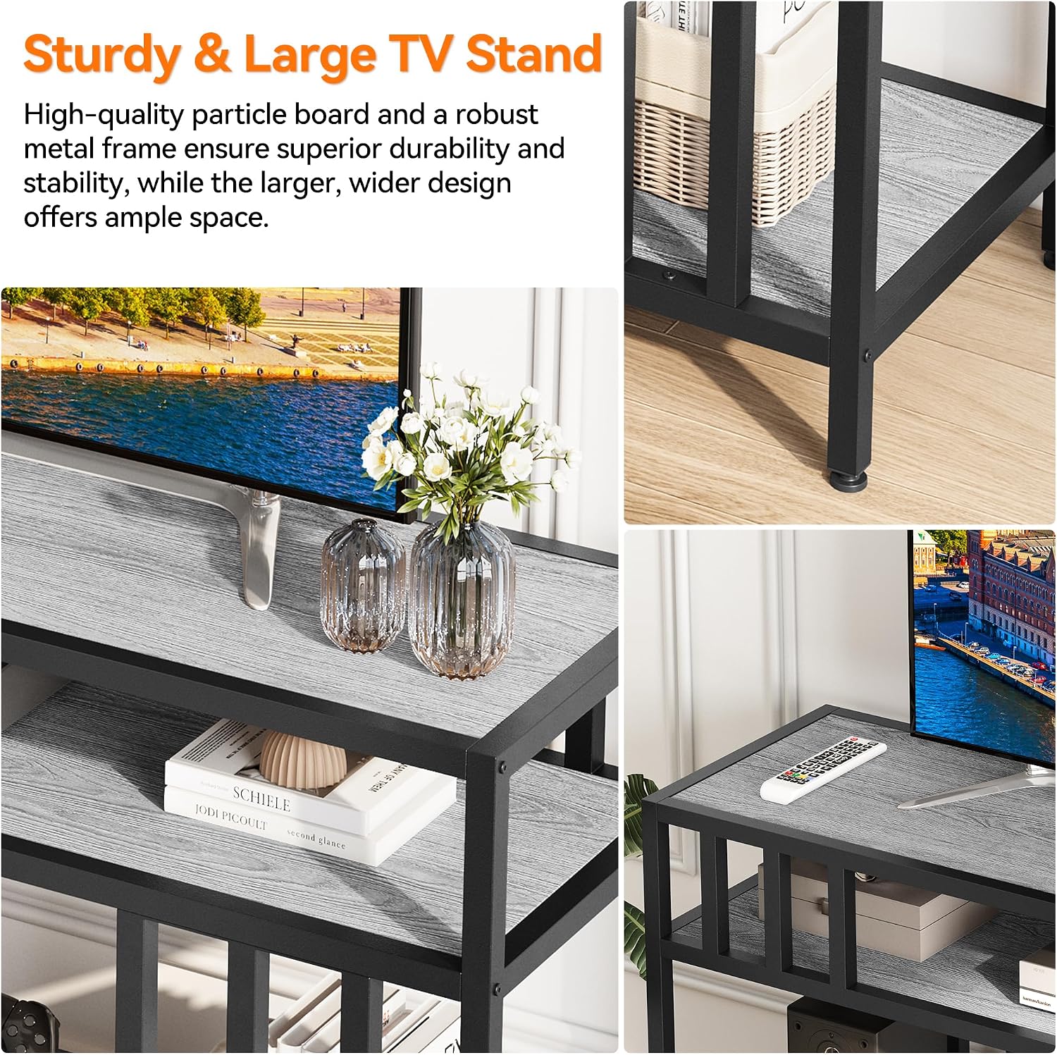 GarveeHome 58 in TV Stand for TV up to 65 in, Entertainment Center with Open Storage Shelves, TV Media Console Table with Quadruple-Tube Support for Living Room, Bedroom - 58 in Grey