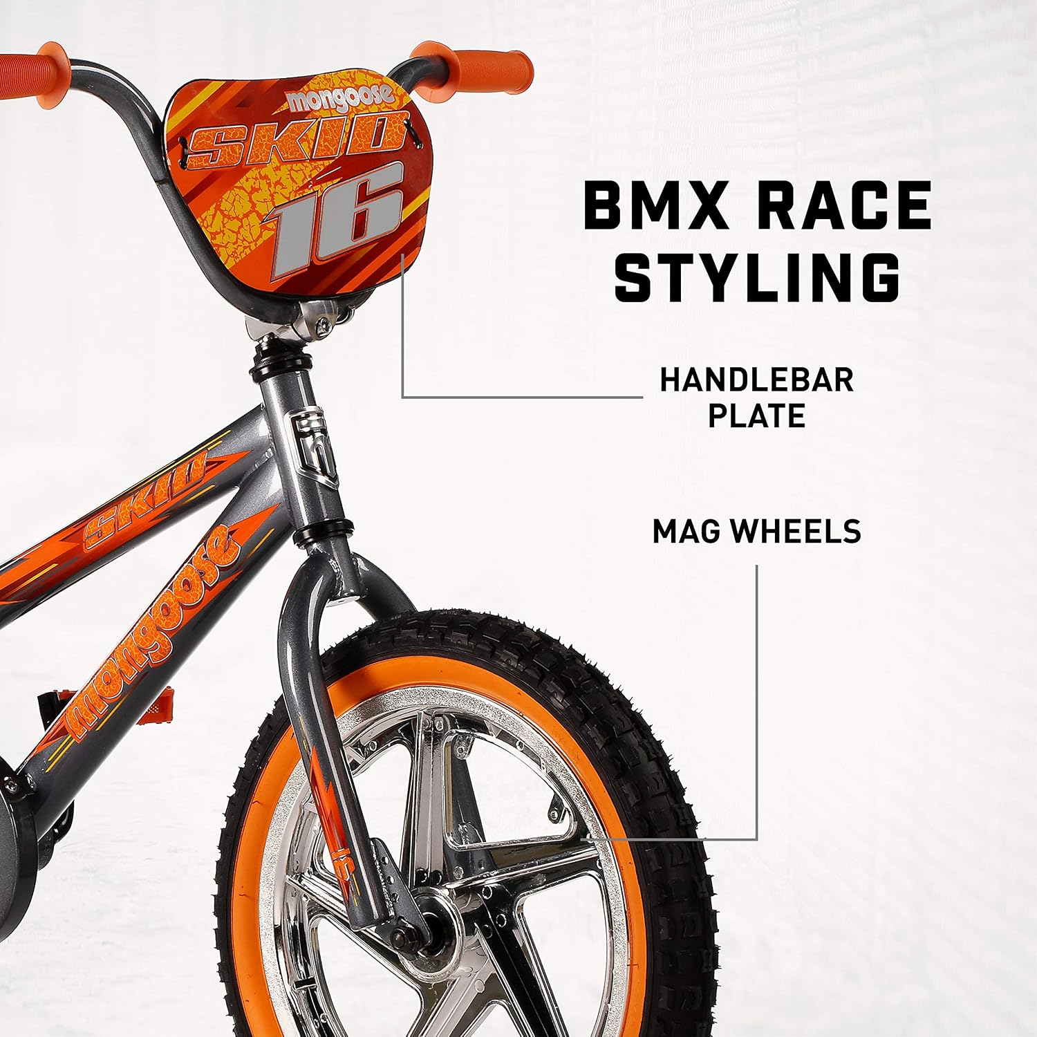 Mongoose Skid Bike, 16 Inch Bike for Kids Ages 3-7, BMX Style, Adjustable Seat Grows with Your Child, Mag Wheels, Training Wheels, Rear Coaster Brake, Training Bicycle for Kids