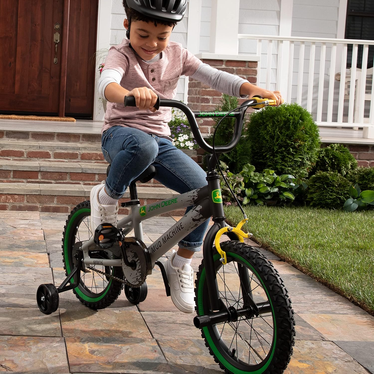 John Deere Mud Machine Kid's Bicycle with Removable Training Wheels — 16' Boy's Bike – Ages 4 and Up — Removable Training Wheels and BMX Stunt Tubes