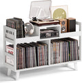 Record Player Stand with Vinyl Storage, Mid-Century Modern Turntable Stand Holds 450+ Albums, Large Wood Record Player Table with Metal Dividers, Wood Media Console for Living Room, (White, Double-Sided Large)
