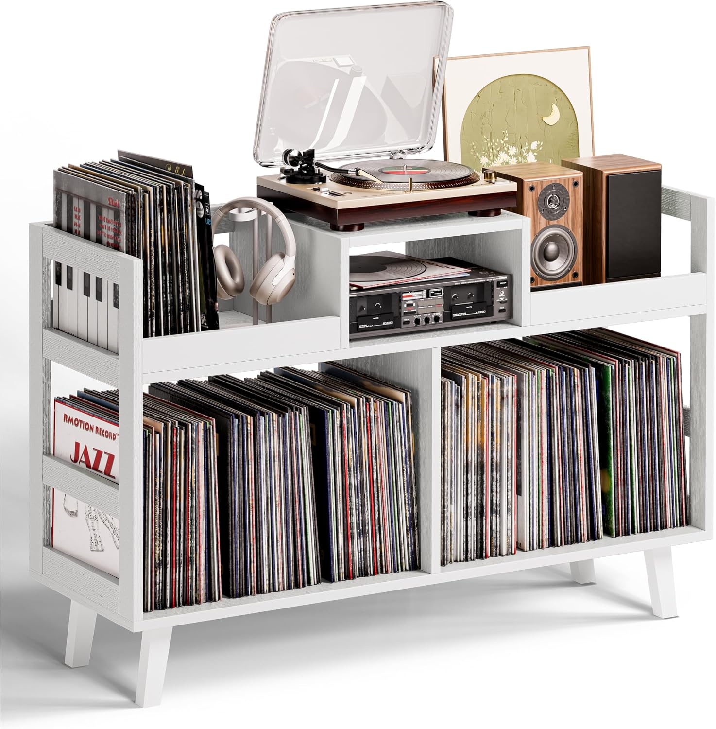 Record Player Stand with Vinyl Storage, Mid-Century Modern Turntable Stand Holds 450+ Albums, Large Wood Record Player Table with Metal Dividers, Wood Media Console for Living Room, (White, Double-Sided Large)