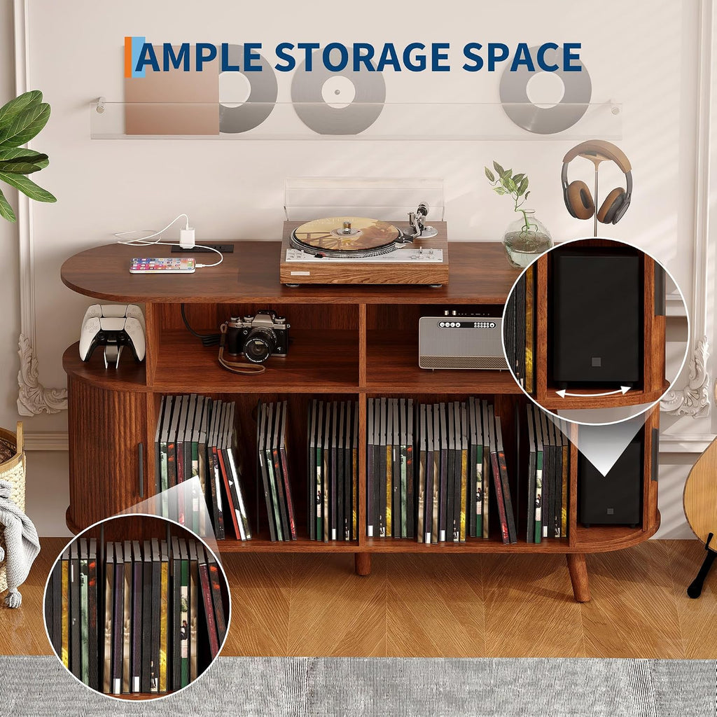 GarveeHome 55 in Large Round Record Player Stand with Charging Station and USB Ports, Mid-Century Rustic Vinyl Record Player Turntable Stand Storage Cabinet with Open Shelves Holder