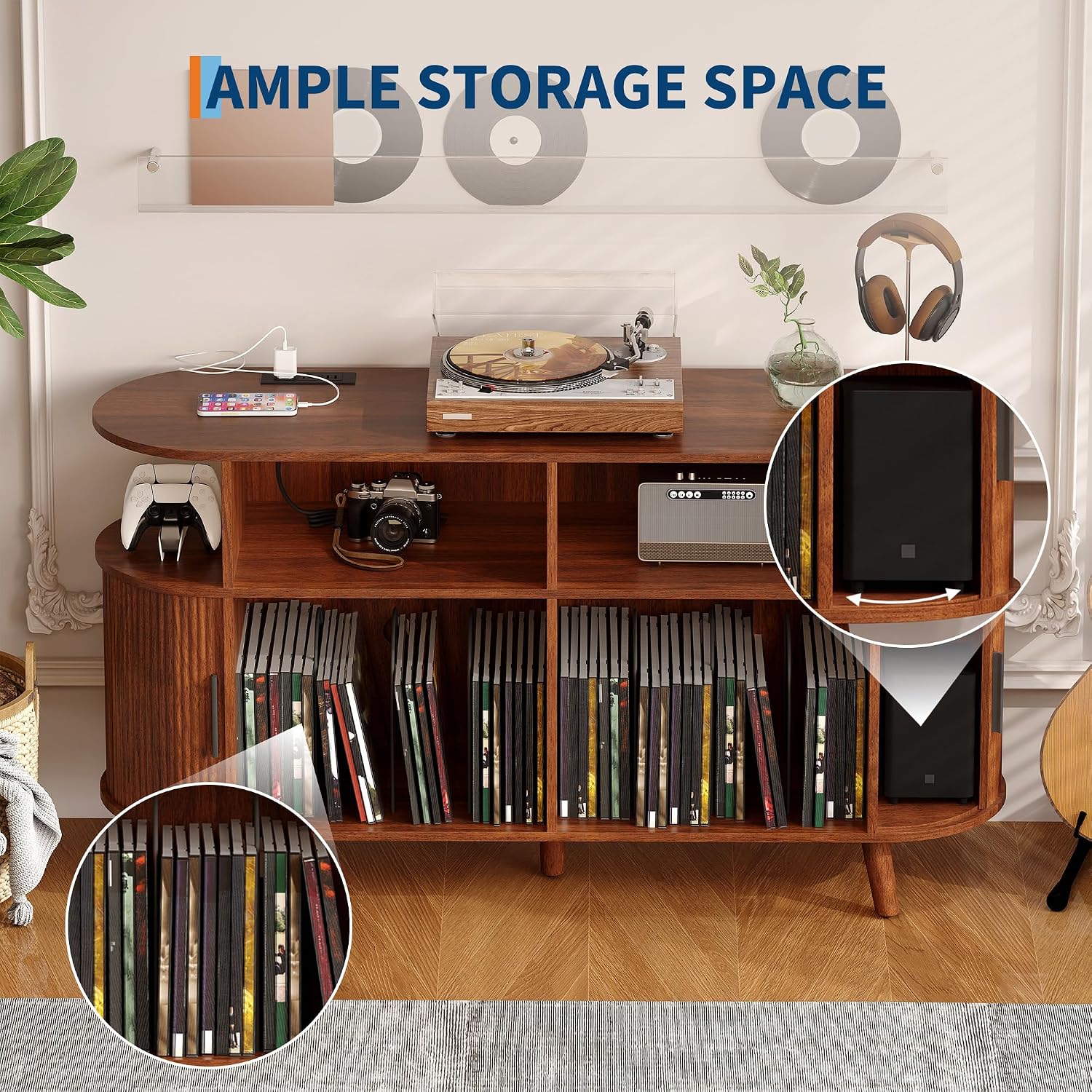 GarveeHome 55 in Large Round Record Player Stand with Charging Station and USB Ports, Mid-Century Rustic Vinyl Record Player Turntable Stand Storage Cabinet with Open Shelves Holder