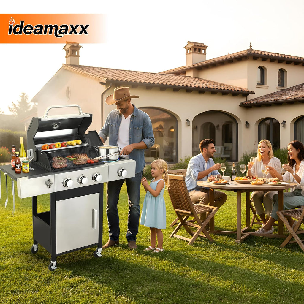 3-Burner Propane Grill for Backyard - 37,230 BTU BBQ with Side Burner, Porcelain Cast Iron Grates, Stainless Steel Outdoor Grill for Camping & Tailgating, Fast Heating