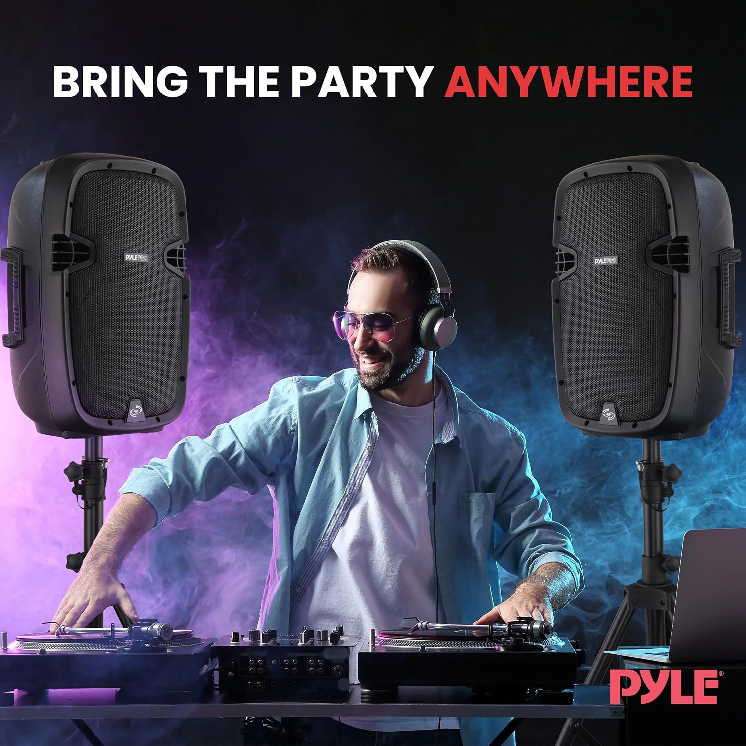 Pyle 10' Wireless Portable PA system - 1000W High Powered Bluetooth Compatible Active + Passive Pair Outdoor Sound Speakers w/ USB SD MP3 AUX - 35mm Mount, 2 Stands, Microphone, Remote - PPHP1049KT