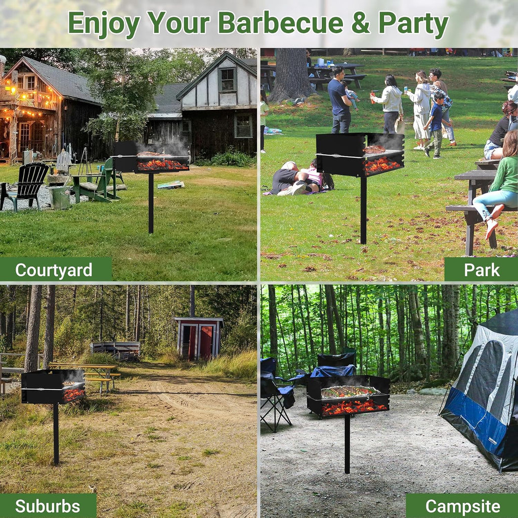 Park Grills, 384 Sq. In, Park Style Charcoal Grill, Heavy Duty In Ground Park Grill with Stainless Steel Cooking Grate and Cover for Commercial and Outdoor Cooking 25.5'' L x 17'' W x 11'' H