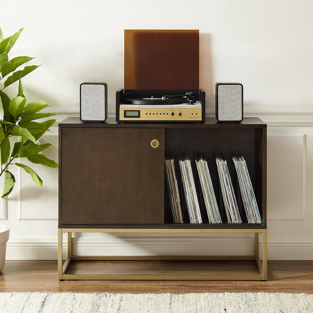 Crosley Furniture Byron Media Console and Record Player Stand with Storage for Vinyl Records, Dark Brown/Gold