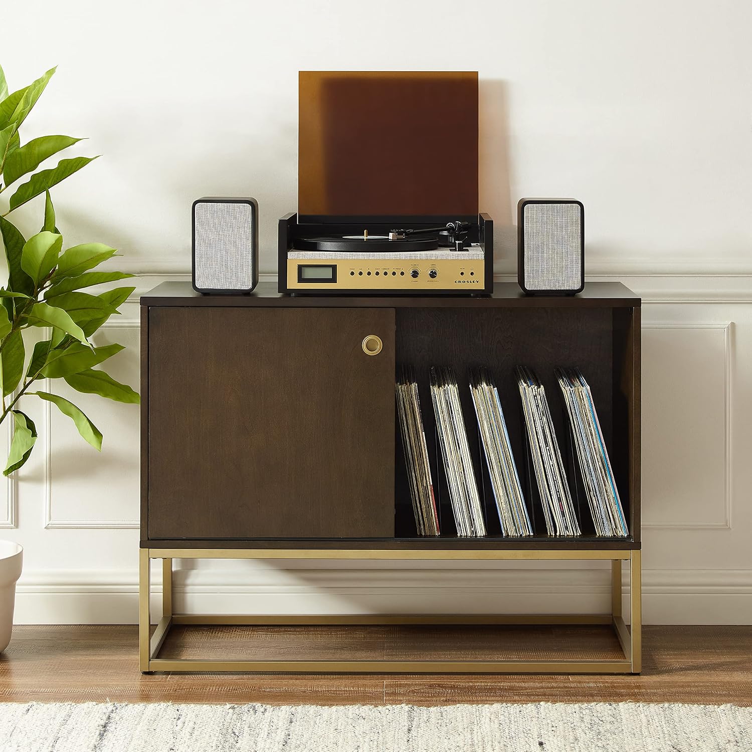 Crosley Furniture Byron Media Console and Record Player Stand with Storage for Vinyl Records, Dark Brown/Gold