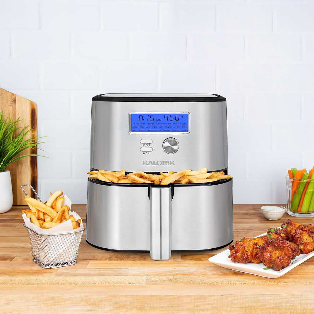 Kalorik MAXX® Plus Digital 7-Quart, 7-in-1 Oilless Air Fryer, LCD Display, 22 Smart Presets, 5 Accessories, and Recipe Book, 1750W, Stainless Steel, FT 50928 OW