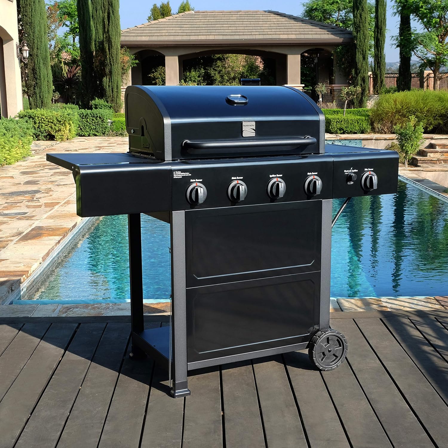 Kenmore 4-Burner Gas Grill with Side Burner, Outdoor BBQ Grill, Propane Gas Grill, Cast Iron Cooking Grates, Electronic Ignition, Warming Rack, 53000 BTUs, Black + Bonus Cover