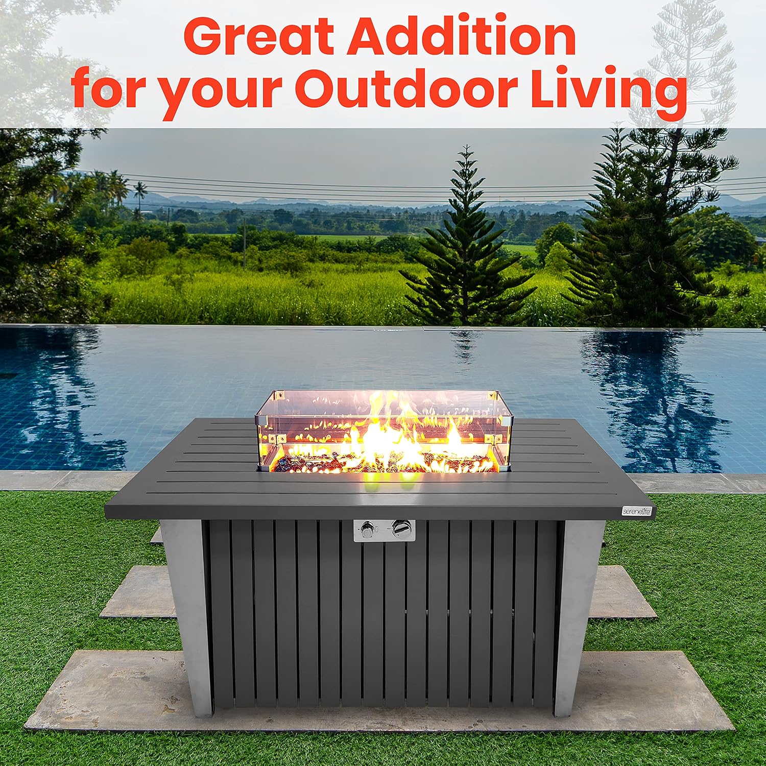 SereneLife 52 Inch Gas Fire Pit Table, 50,000 BTU Propane Pits for Outside with Steel Lid and Lava Rock, 2 in 1 Firepit Table Gatherings Parties on Patio Deck Garden Backyard