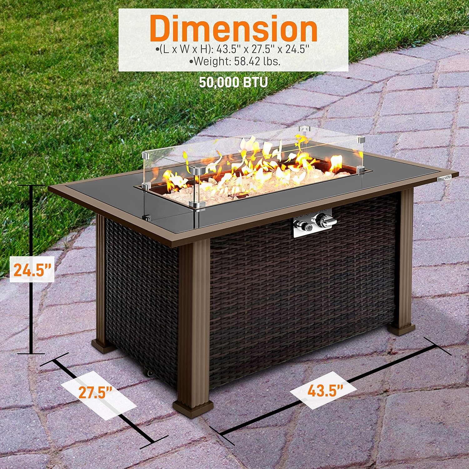 Outdoor Propane Fire Pit Table - CSA Approved Safe 50,000BTU Auto-Ignition Propane Gas Fire Table - Rattan Panel, Glass Wind Guard, Black Tempered Glass Tabletop, Clear Glass Rock - SereneLife SLFPTL
