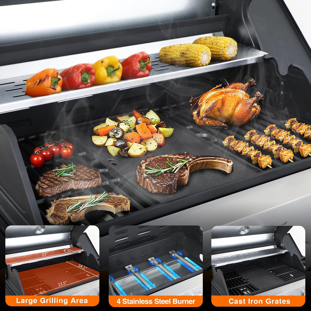 Propane Gas Grill 4 Burner, 49,000 BTU Outdoor BBQ Grill with Side Burner, Porcelain Cast Iron Grates & Stainless Steel, Fast Heating for Backyard, Camping, Tailgating