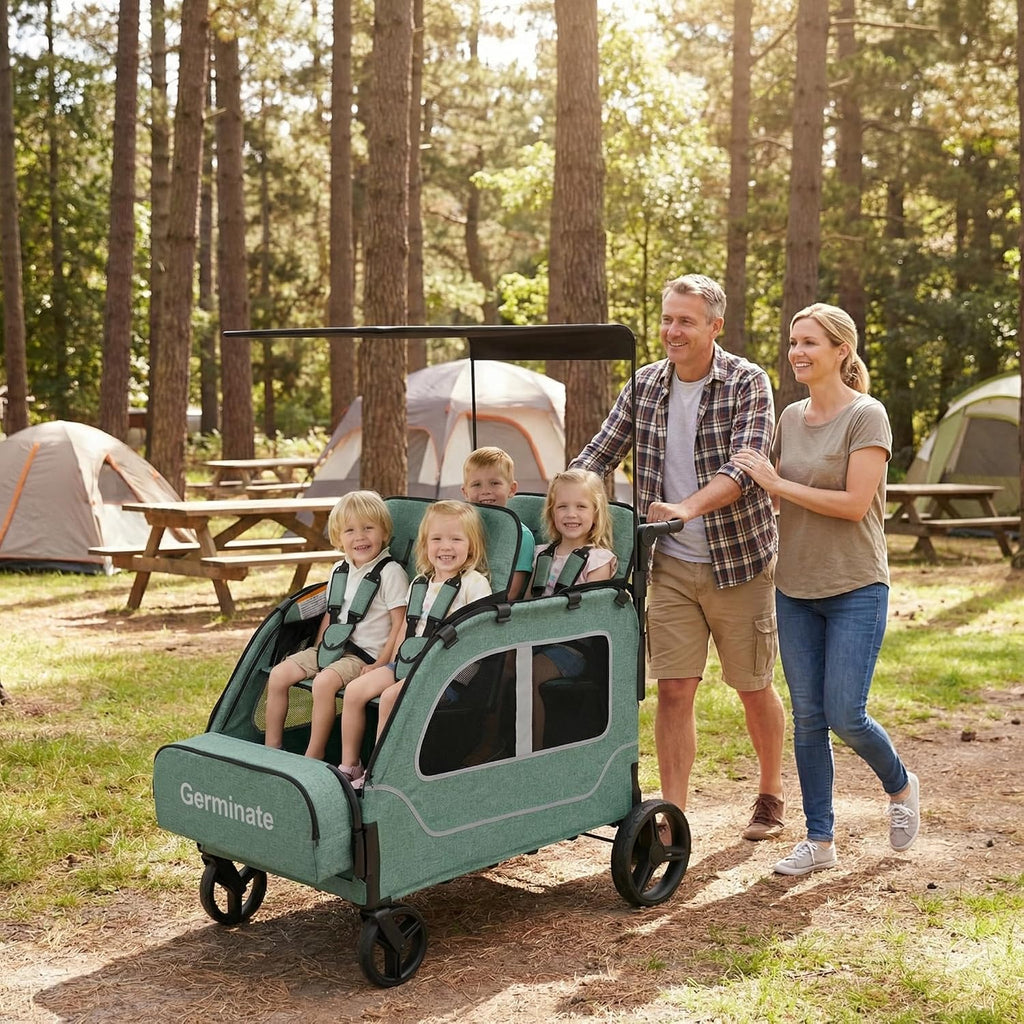 4 Seater Wagon Stroller, Large Quad Wagon for 2 3 4 Kids Baby Toddler Child with Seats, All Terrain, Triple Stroller, Adjustable Push/Pull Handles, Removable Canopy (Green)