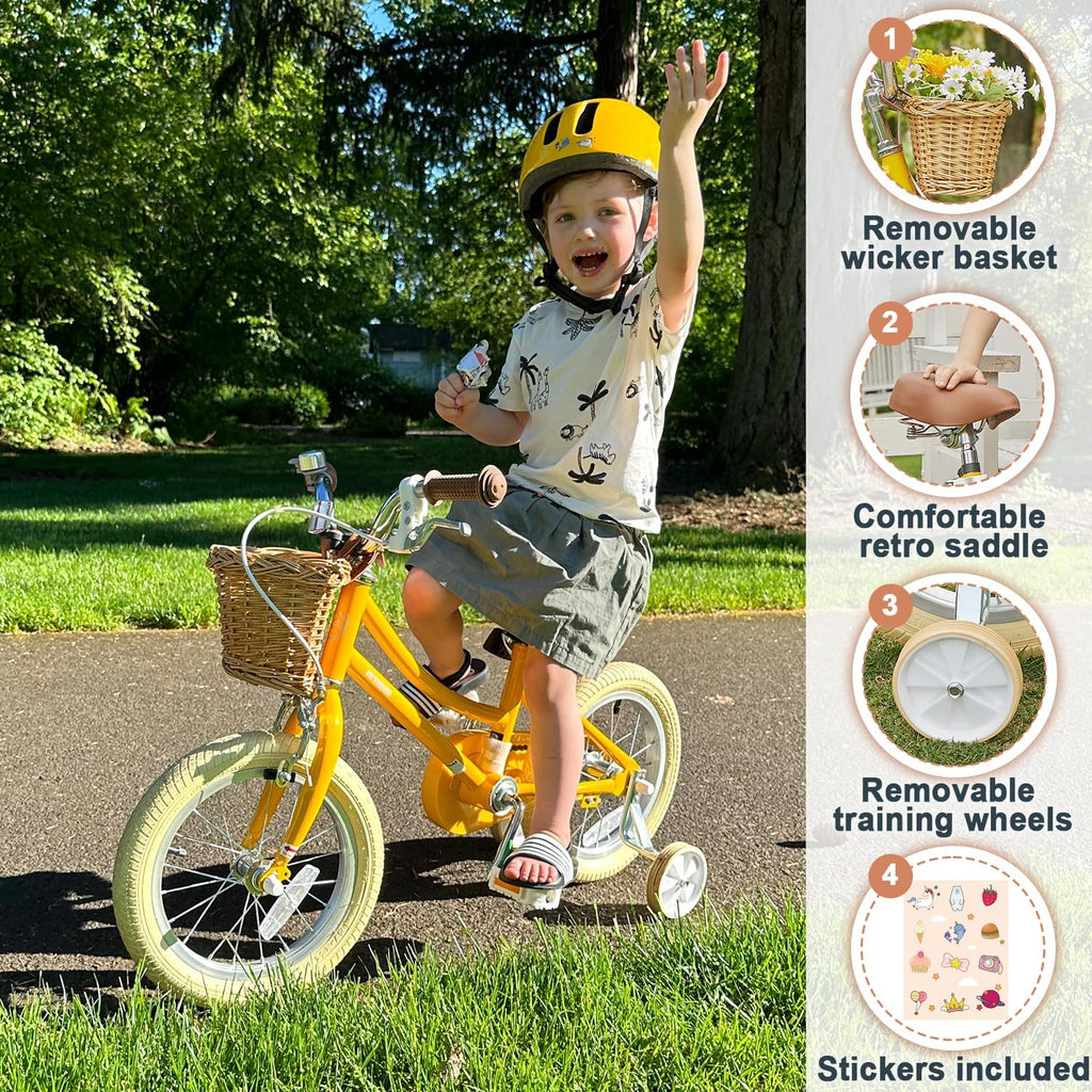 Petimini Vintage Kids Bike for Girls, 12–20 Inch Classic Bicycle with Wicker Basket & Bell, High Tensile Steel Frame, Training Wheels (12–18'), 85% Pre-Assembled, Retro Bike for Outdoor Riding