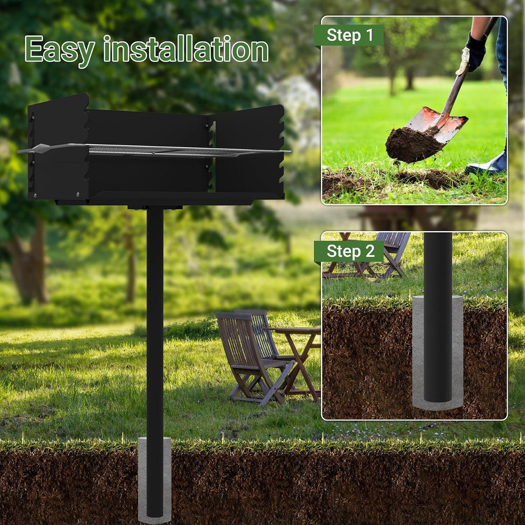 Park Grills, 384 Sq. In, Park Style Charcoal Grill, Heavy Duty In Ground Park Grill with Stainless Steel Cooking Grate and Cover for Commercial and Outdoor Cooking 25.5'' L x 17'' W x 11'' H