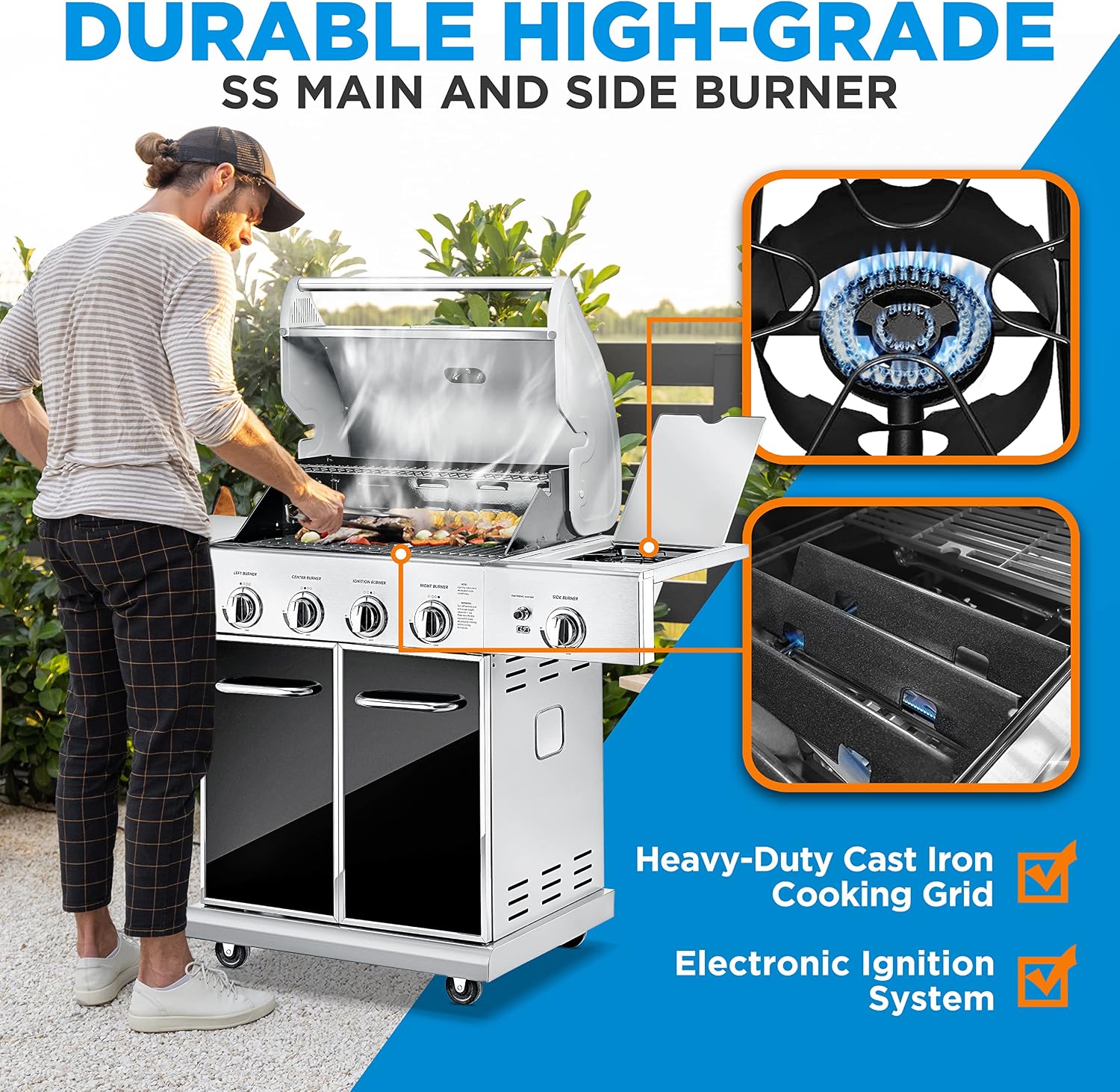 NutriChef 52,000 BTU 5-Burner Stainless Steel Propane Gas Grill with Portable Design, Electronic Ignition, Built-in Thermometer and Heavy-Duty Construction