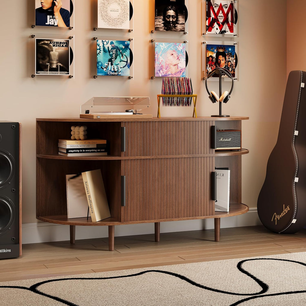 Large Record Player Stand, 55'' Wood Vinyl Record Storage Cabinet with Charging Station & USB Ports, Curved Turntable Table Open Shelf Holder Up to 300 Albums for Living Room(Walnut)