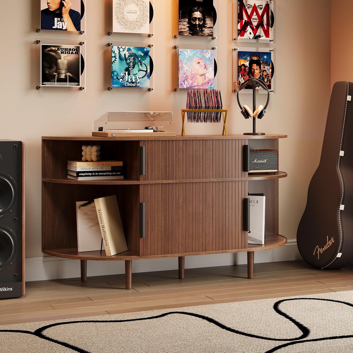 Large Record Player Stand, 55'' Wood Vinyl Record Storage Cabinet with Charging Station & USB Ports, Curved Turntable Table Open Shelf Holder Up to 300 Albums for Living Room(Walnut)