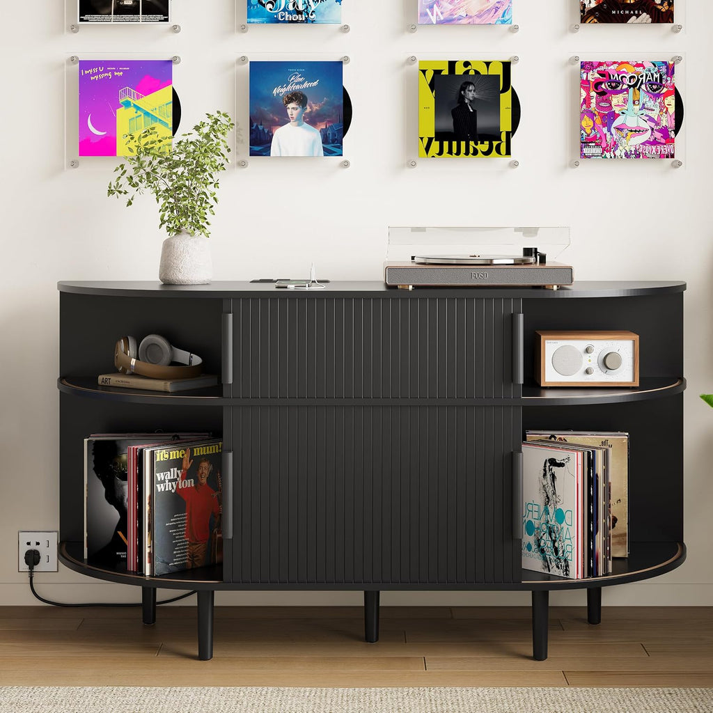 Large Record Player Stand, 55'' Wood Vinyl Record Storage Cabinet with Charging Station & USB Ports, Curved Turntable Table Open Shelf Holder Up to 300 Albums for Living Room(Black)
