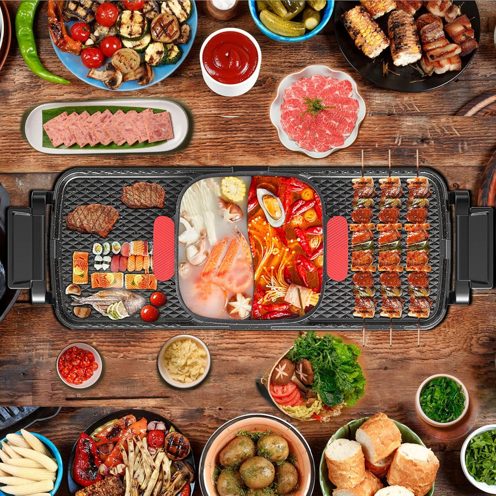Barbecue Hot Pot 2 In 1, Indoor Korean BBQ, Dual Control Shabu Shabu, Hot Pot with Grill, Multifunction Smoke Free Stove Portable with Free Spoons, Brushes, Pliers, Strainer Scoops 110v.