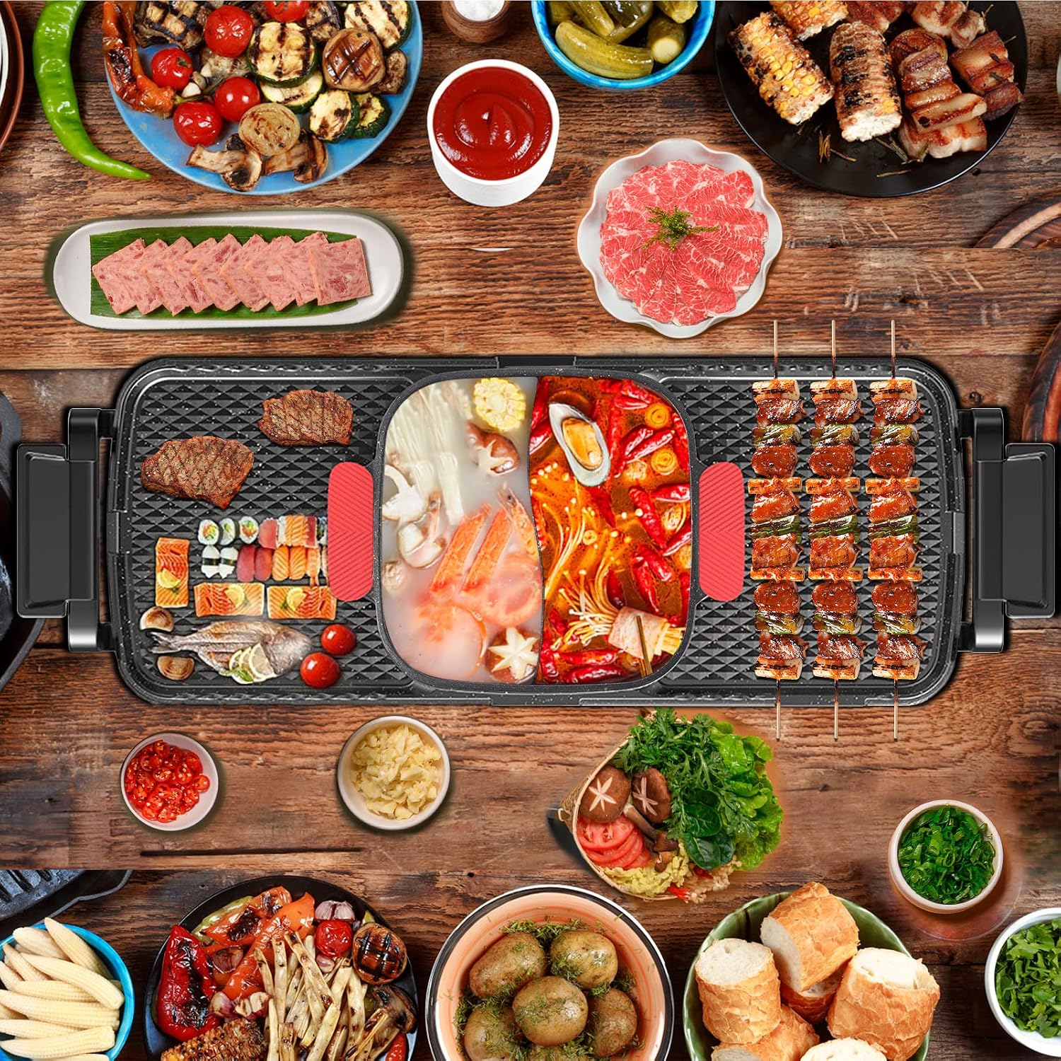 Barbecue Hot Pot 2 In 1, Indoor Korean BBQ, Dual Control Shabu Shabu, Hot Pot with Grill, Multifunction Smoke Free Stove Portable with Free Spoons, Brushes, Pliers, Strainer Scoops 110v.