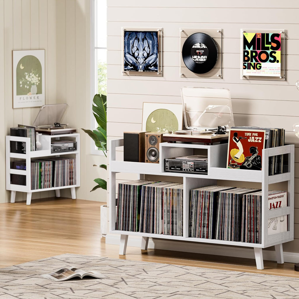 Record Player Stand with Vinyl Storage, Mid-Century Modern Turntable Stand Holds 450+ Albums, Large Wood Record Player Table with Metal Dividers, Wood Media Console for Living Room, (White, Double-Sided Large)