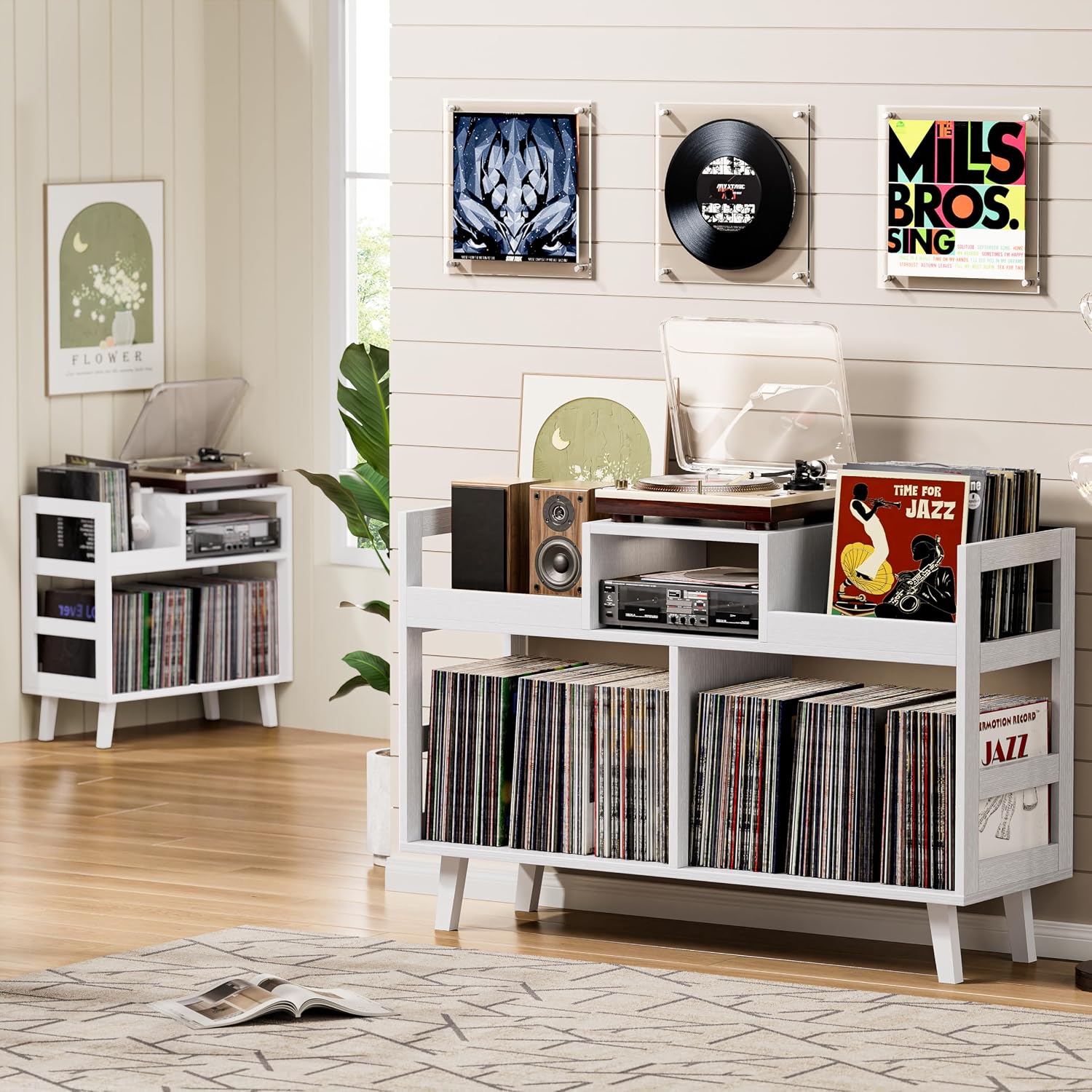 Record Player Stand with Vinyl Storage, Mid-Century Modern Turntable Stand Holds 450+ Albums, Large Wood Record Player Table with Metal Dividers, Wood Media Console for Living Room, (White, Double-Sided Large)