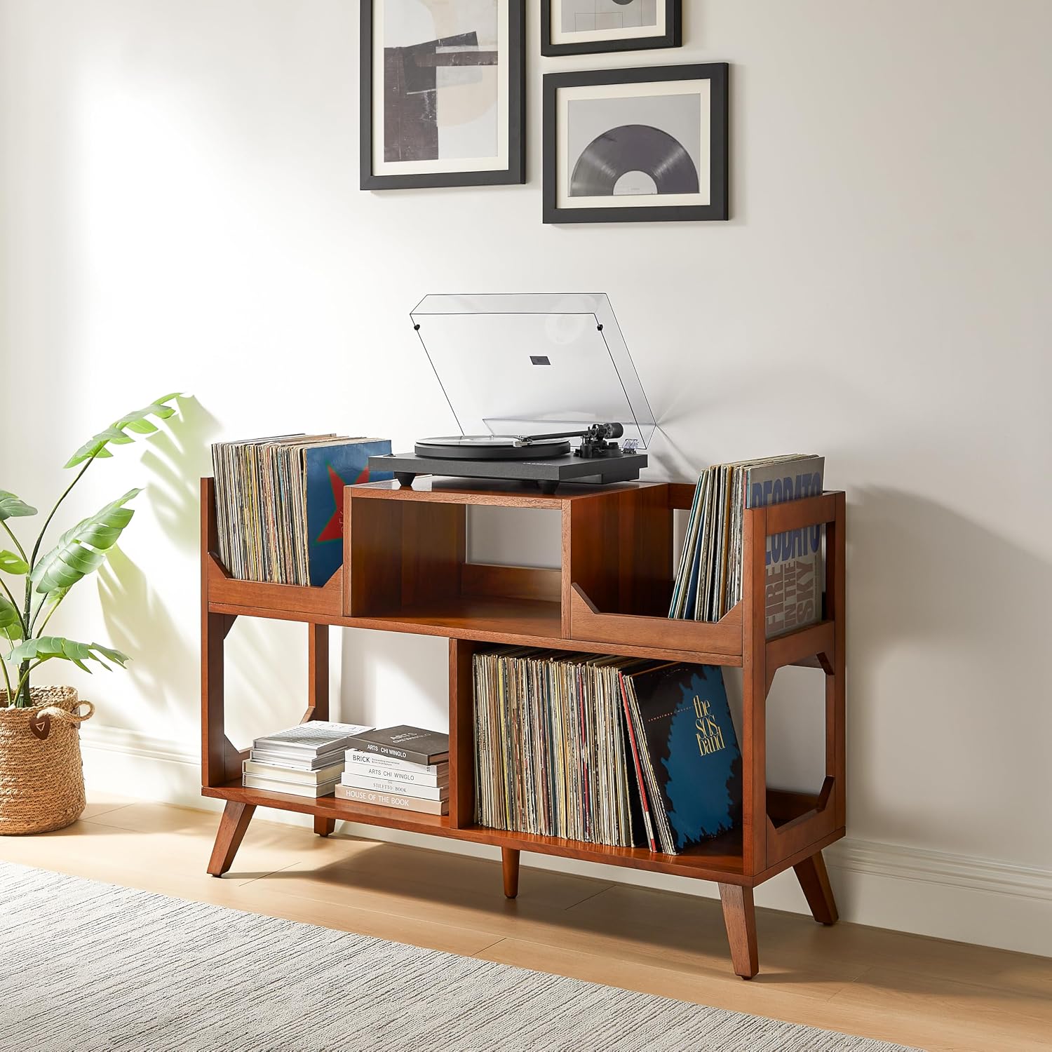 Crosley Furniture Asheville Mid-Century Modern Media Console Record Player Stand, Storage for Vinyl Records, Large, Walnut