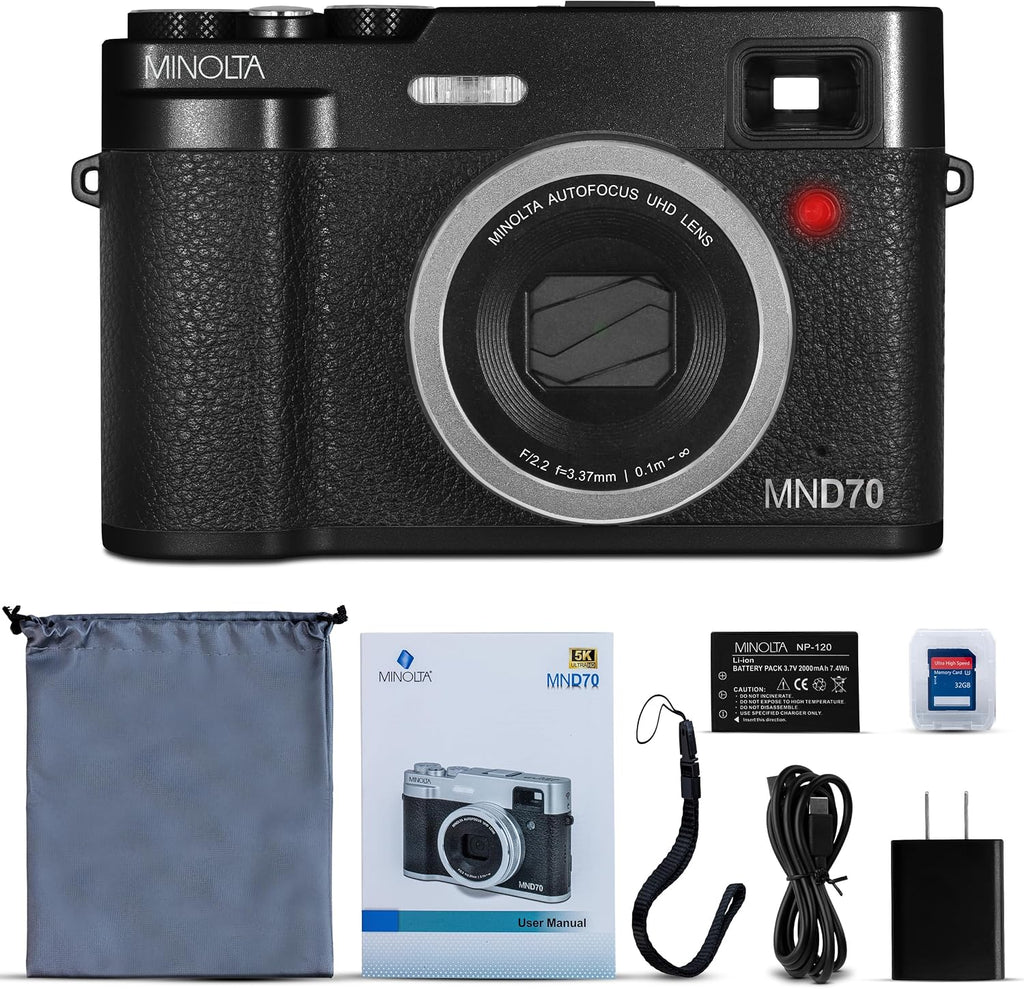 Minolta Retro Digital Camera – 48MP Autofocus Compact with 5K Ultra HD Video, Rear Selfie Lens, 16x Zoom, WiFi, 2.8-inch LCD Screen, Digital Stabilization, Optical Viewfinder, 32GB Card (Black)