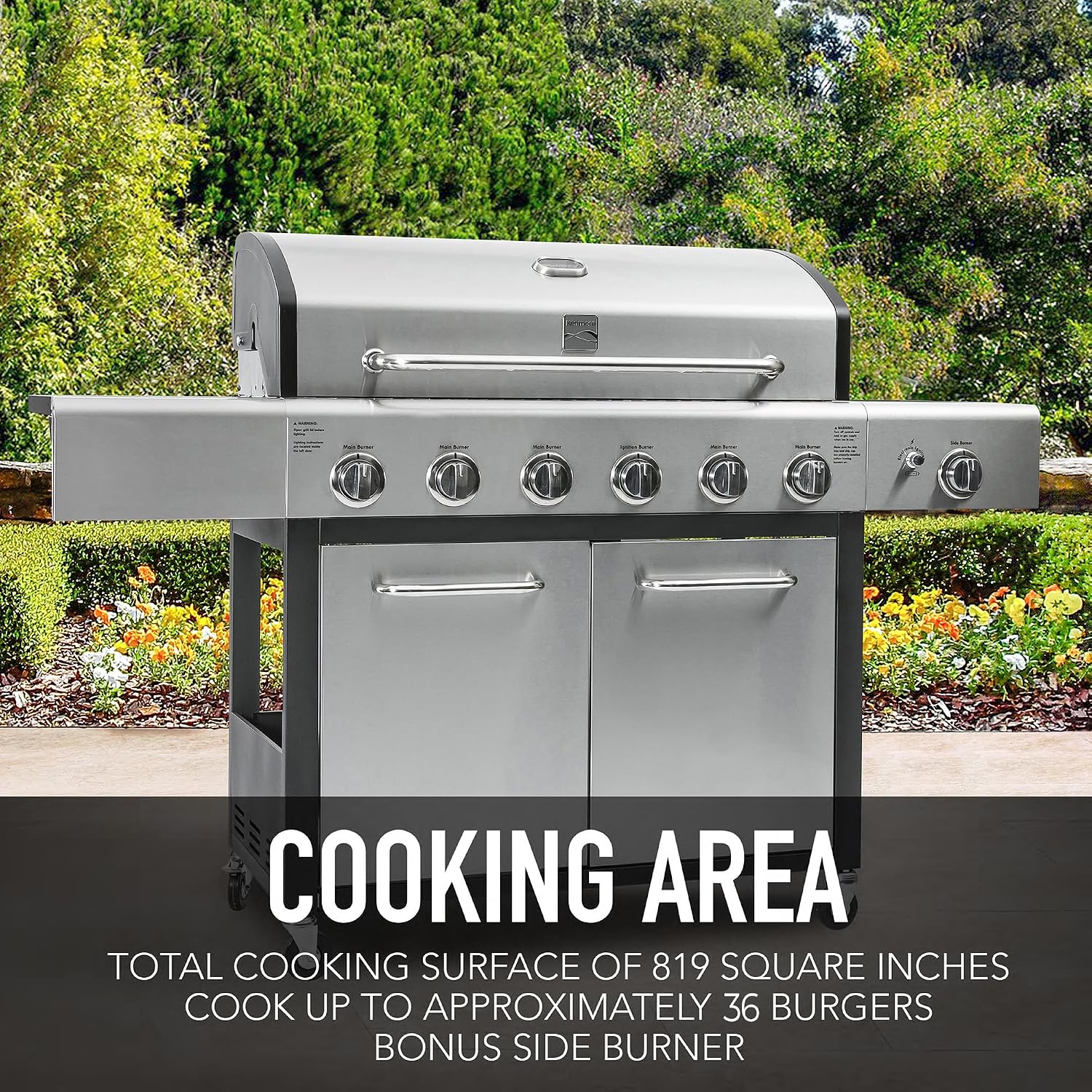Kenmore 6-Burner Propane Gas BBQ Grill with Side Burner, 73,000 BTUs, Stainless Steel Cabinet Grill with Cast Iron Grates for Outdoor Cooking, Backyard BBQ, Patio, Large Parties