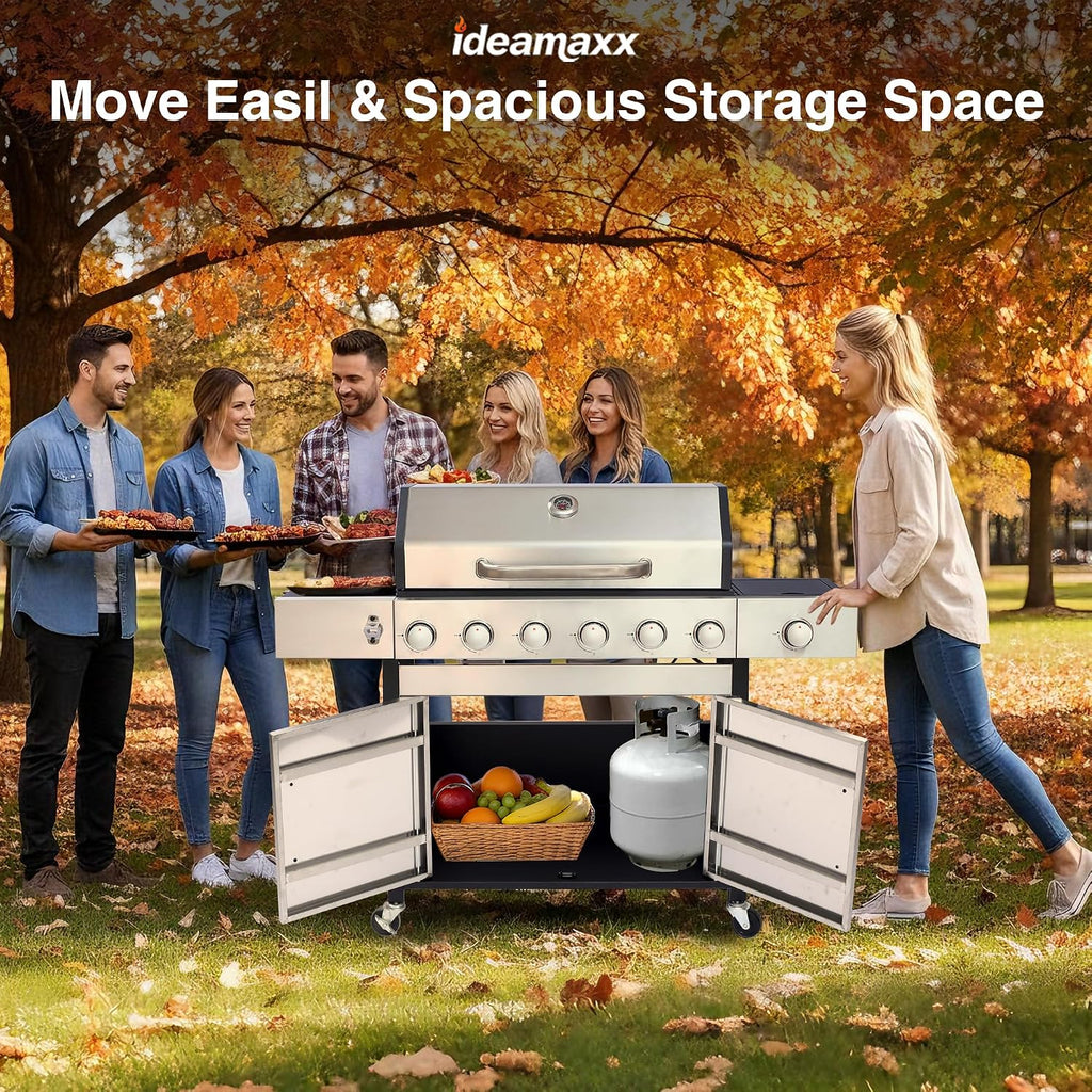 6-Burner Propane Grill - 65850 BTU BBQ with Side Burner | Porcelain Cast Iron Grates | Stainless Steel Outdoor Grill for Backyard, Camping, Tailgating (Fast Heating & Easy Clean)
