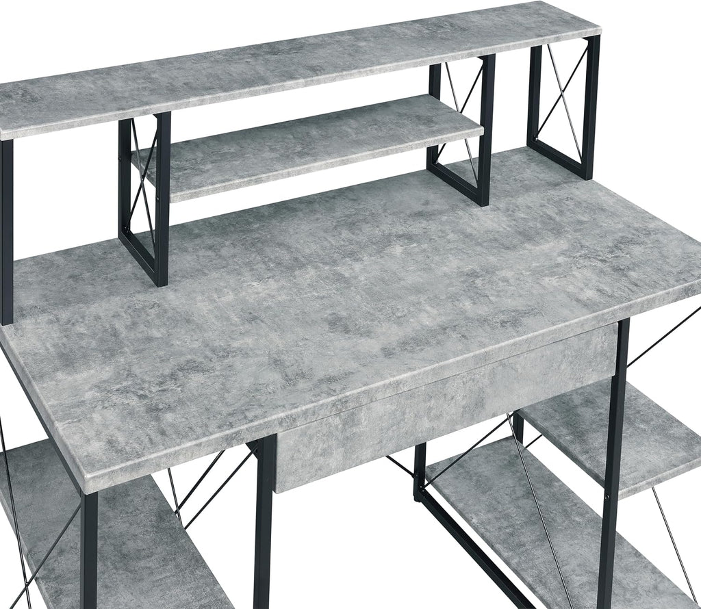 AMNOOL Office Desk with Open Shelves - Stylish Wood Recording Studio Workstation with Drawer and Compartments for Audio Equipment, Cables, and Accessories (Black+Grey)