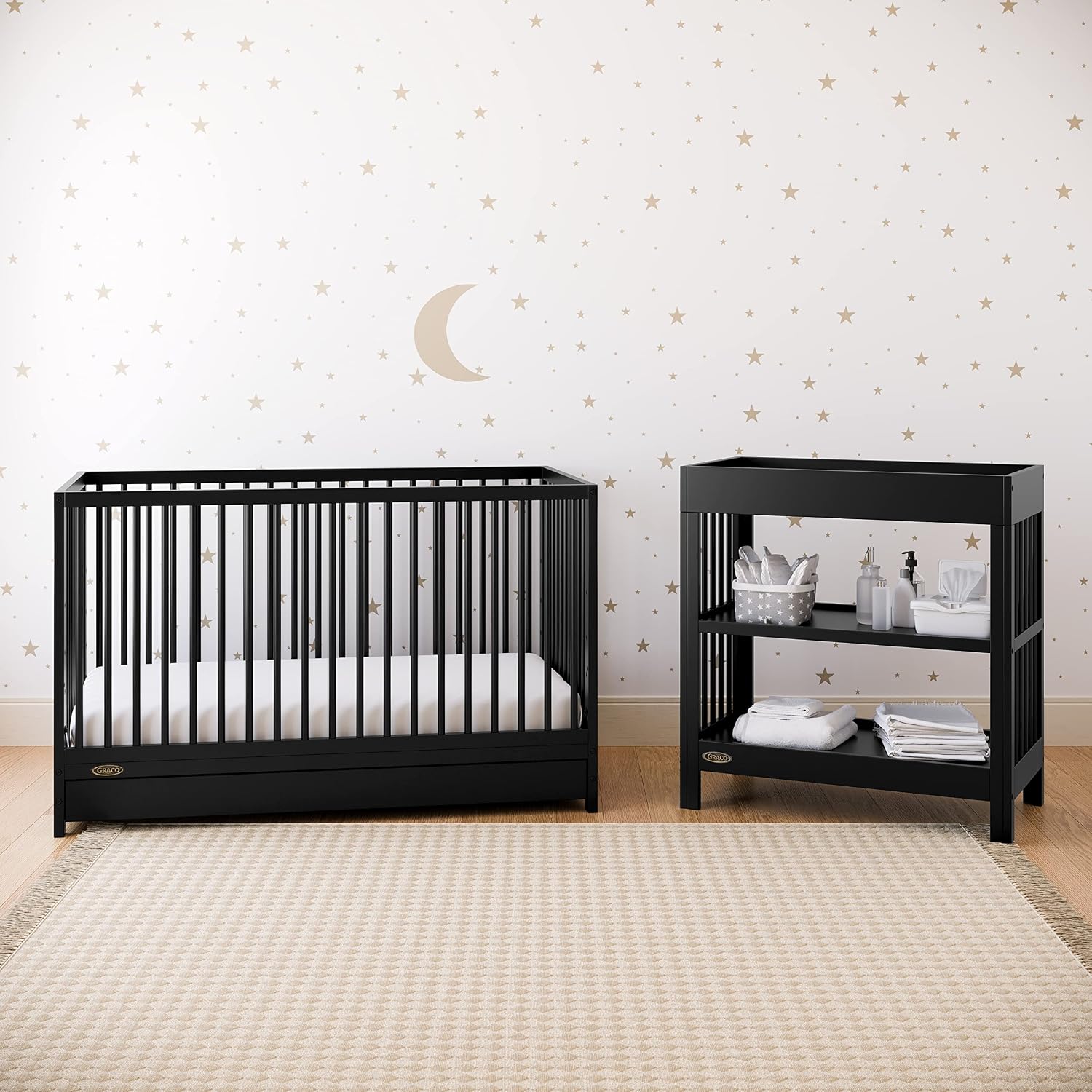 Graco Teddi 5-in-1 Convertible Crib with Drawer – GREENGUARD Gold Certified, Full-Size Nursery Storage Drawer, Baby Crib Converts to Toddler Bed, Daybed and Full-Size Bed (Black)