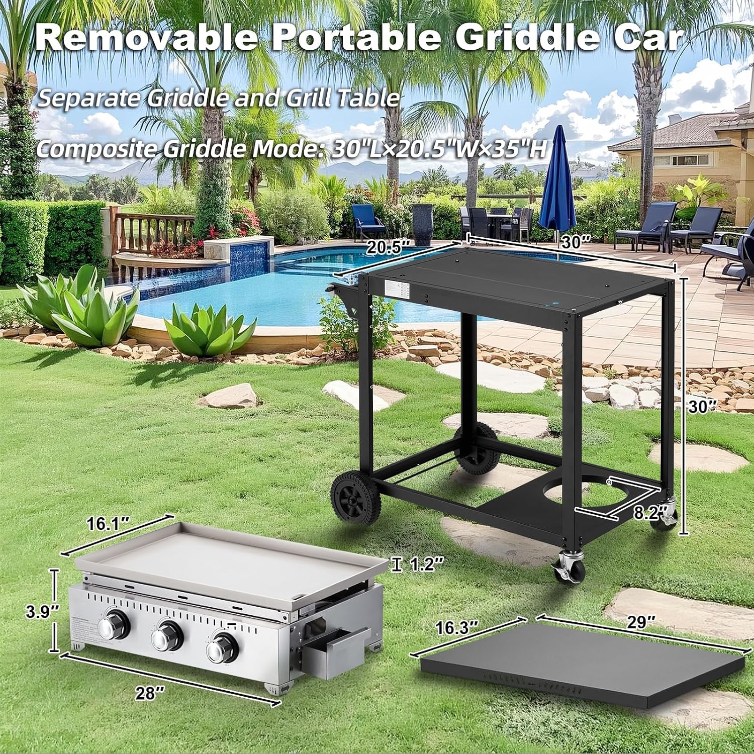 MELLCOM 3 Burner 30000 BTU Outdoor Gas Griddle with Lid (Side Shelf), Portable Flat Top Griddle 28 Inch Heavy- Duty Cast lron Grill, Bottle Rack & Grease Pan for Camping, Picnic, Patio