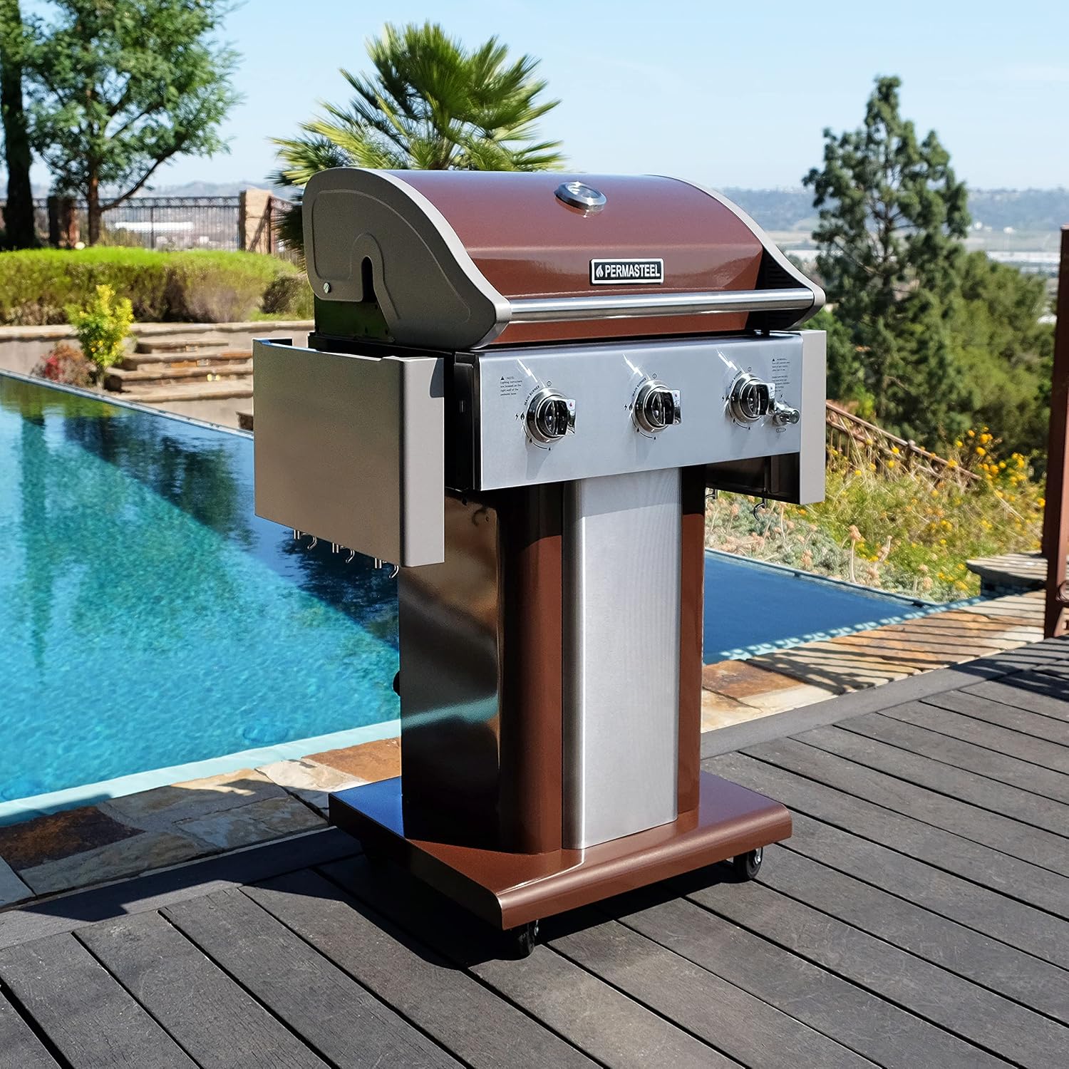 Permasteel 3-Burner Propane Gas Grill, 30,000 BTUs BBQ Grill with Cast Iron Grates, Foldable Side Tables & Tool Hooks, Outdoor Grill, Mocha