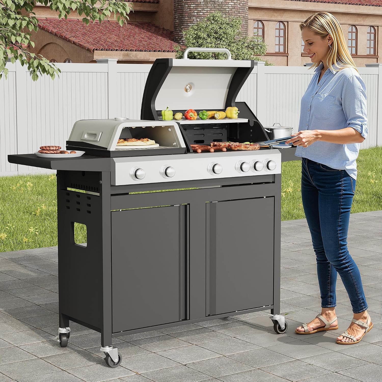MELLCOM 3 IN 1 Pizza Griddle Grill Combo, 74,000 BTU 5-Burner Stainless Steel Propane Gas Grill with Side Burner, Porcelain Enameled Cast Iron Grates, Griddle & Pizza Oven for Outdoor Patio Backyard