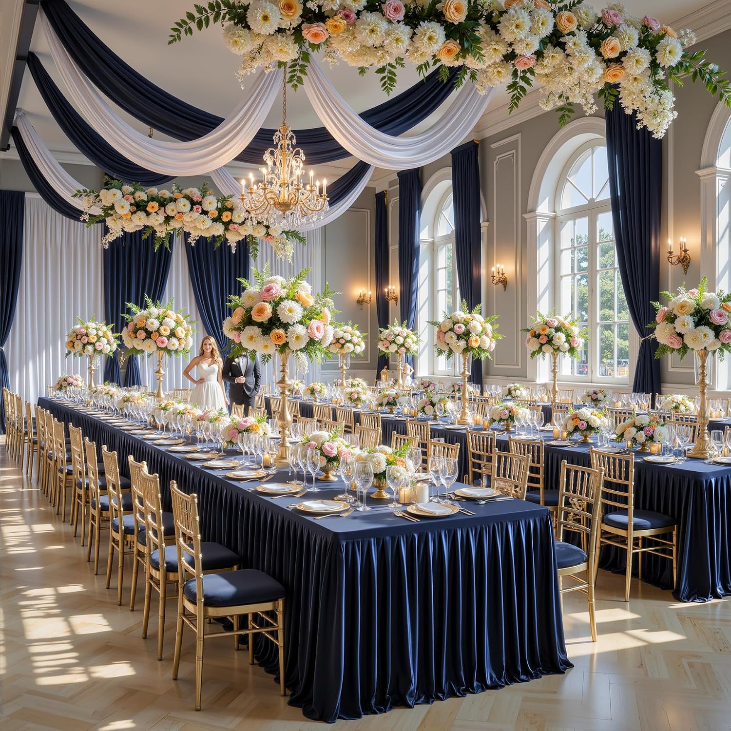 6 Pack Navy Blue Satin Table Clothes for 8 Foot Rectangle Tables - 8FT Wrinkle Resistant Glitter Rectangle Tablecloths, Party Table Covers for Wedding Banquet, Baby Shower, Birthday, Holiday Dinner