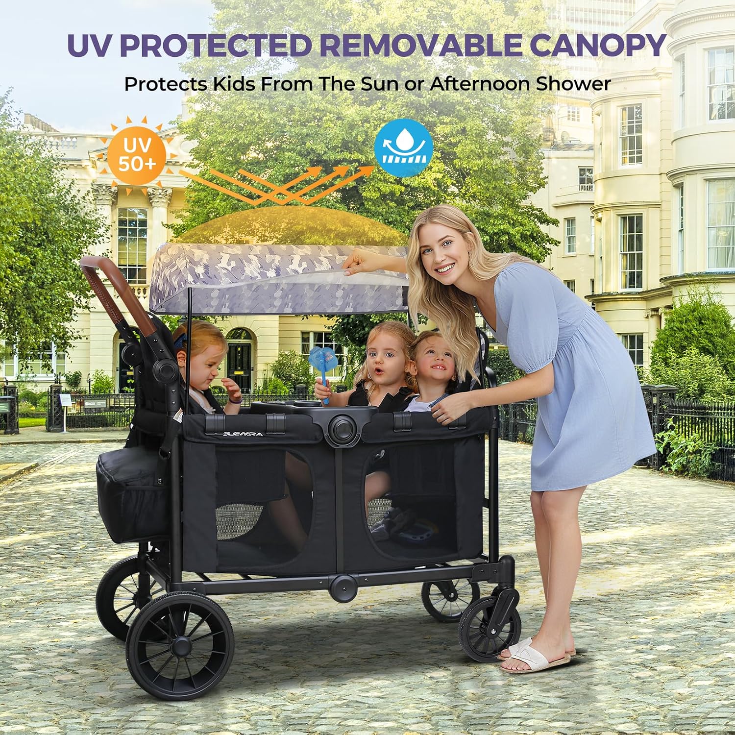 ELEMARA Wagon Stroller 4 Seater, Premium Stroller Wagon for 4 Kids, Foldable All-Terrain Wagon for Kids with Canopy, Adjustable Push/Pull Handles,Convertible High Seat&Organizer, Black+Purple